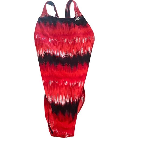 ADIDAS Graphic Stripe V Back Red Black White 1pc Swim Suit NEW Women’s Size 32 - Picture 1 of 5